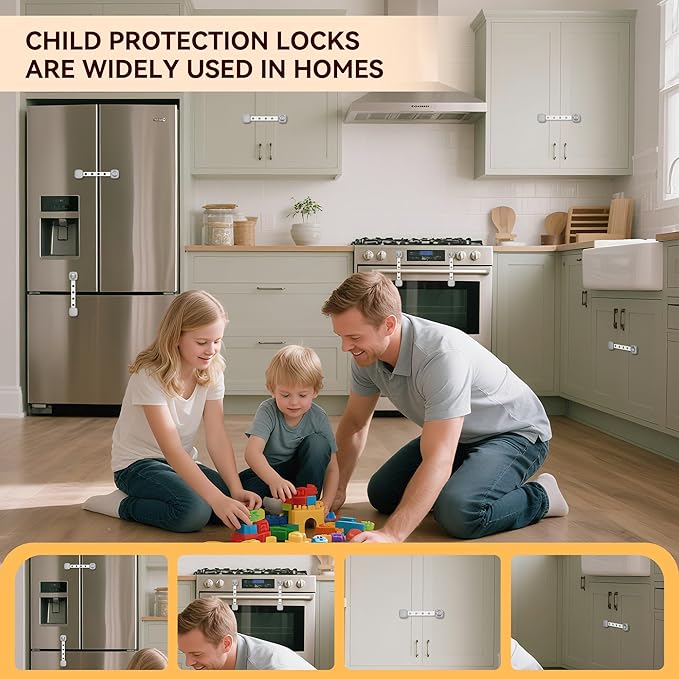 2 Pack Cabinet Locks/Refrigerator Locks Baby Proofing - Child Proof Locks for Drawer, Refrigerator, Fridge, Toilet Seat-No Screws or Tools Required (2 Pack-Grey Locks)