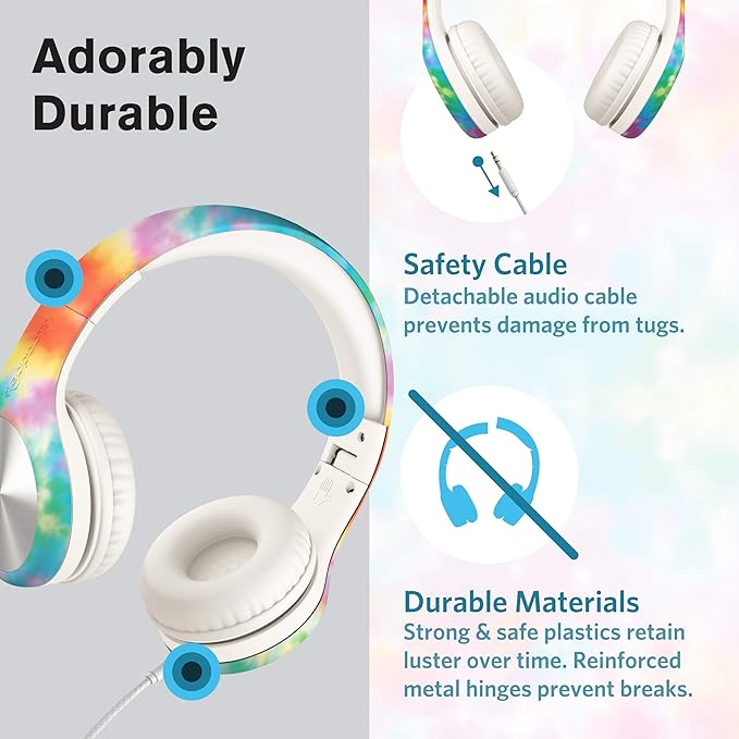LilGadgets Connect+ Pro Kids Headphones with Mic and Cord, SharePort Technology, Over-Ear Foldable Headset, Volume Limit 93db, Wired Inline 3.5mm Jack for School - Tie Dye Rainbow Headphones for Kids