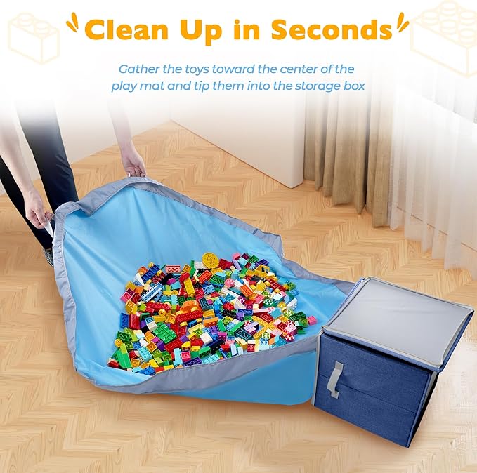 SAM AND MABEL Toy Storage Organizer with Play Mat for Kids – 13" x 13" x 13" Storage Box, Stackable and Foldable Cubby Baskets for Playroom, Nursery Bins for Boys and Girls (Noble Blue)