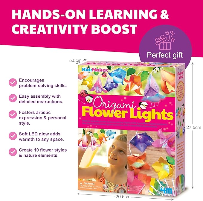 KidzMaker - Origami Flower Lights - DIY Craft Kit for Kids - Make Beautiful Flower-Shaped Origami Paper Kit Lights - Includes Colorful Papers & LED Lights - Fun Creative Activity for Room Decoration