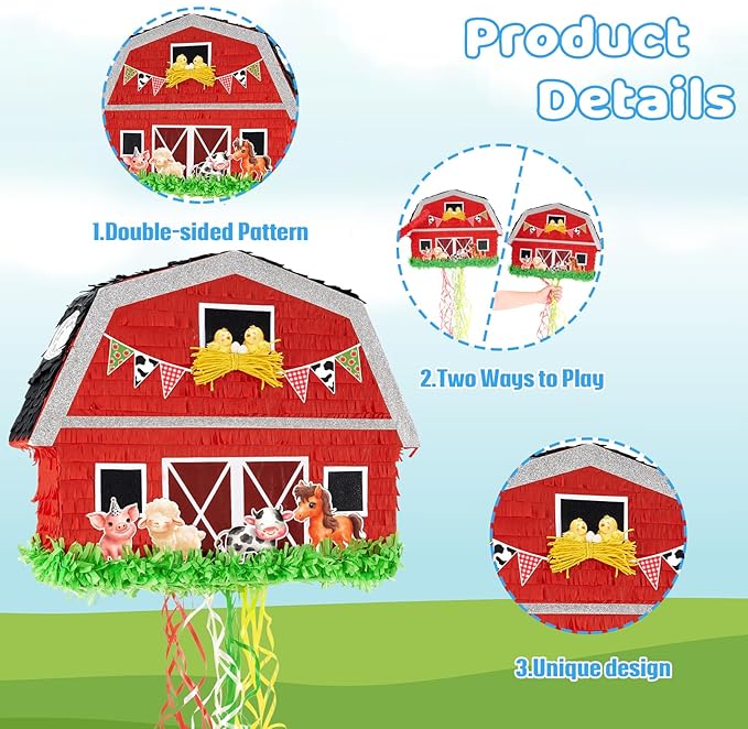 WERNNSAI Red Farm Animal Piñata - Farm Baby Shower Decorations Animal Pinata Party Game for Kids Birthday Celebrations Milk Farm Party Favor Supply with Bat Blindfold