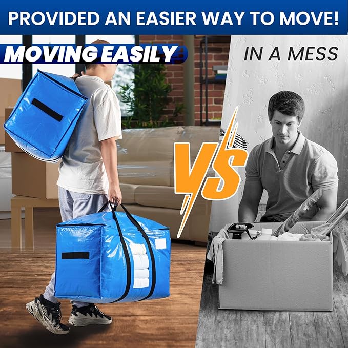 TAILI Extra Large Moving Bags, 2 Pack Blue Heavy Duty Totes For Storage with Visible Window, Wrap Around Handles, Storage Bags for Space Saving, Alternative to Moving Boxes
