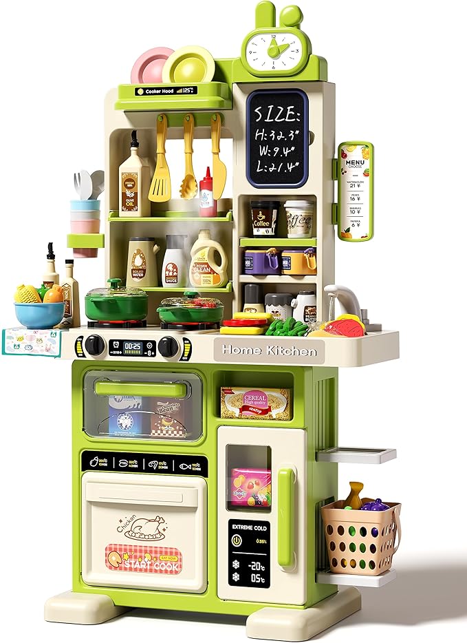 33.8IN Kids Kitchen Playset, 70PCS Kid Play Kitchen with Realistic Lights & Sounds, Spray Sink Toy Kitchen Accessories, Pretend Food Toys Kitchen for Boys Girls Toddlers(Green)