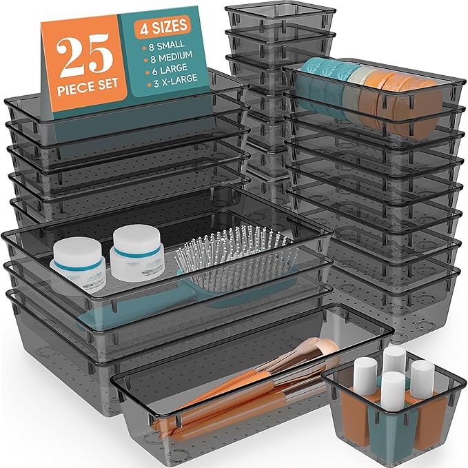 WOWBOX 25 PCS Plastic Drawer Organizer Set, Desk Drawer Divider Organizers and Storage Bins for Makeup, Jewelry, Gadgets for Kitchen, Bedroom, Bathroom, Office, Black