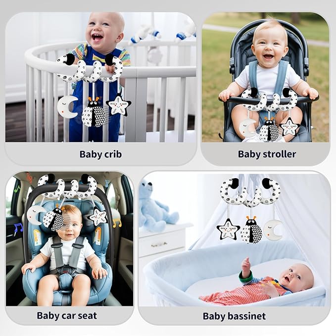 Car Seat Toys for Babies 0-6 Months,Hanging Rattle Toys for Crib Mobile, Baby Spiral Hanging Stroller Black and White High Contrast Toys for Newborn 0 3 6 9 12 Months Baby Boys Girls (Bug)