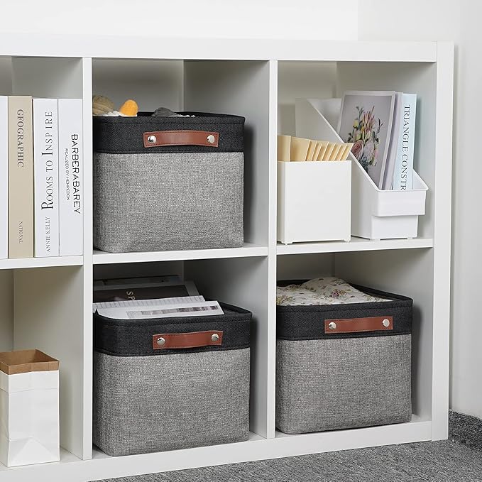 DULLEMELO Fabric Baskets for Storage, Rectangular Fabric Storage Bins Collapsible, Perfect for Shelves, Closets, Nursery, Empty Gift Baskets (3-Pack Medium-15 inch X 11 inch X 9.5 inch , Black&Grey)