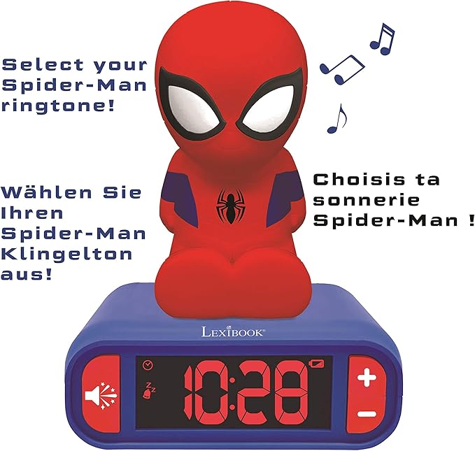 LEXiBOOK - Marvel Spider-Man Digital Alarm Clock with Night Light Snooze and Marvel Spider Man Superheroes Sound Effects - Boys Clock - Luminous Spiderman, Blue - RL800SP