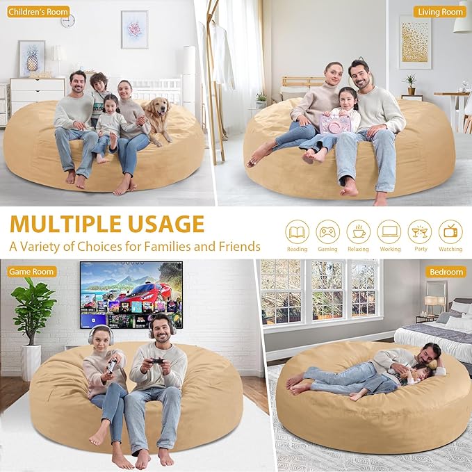7FT Bean Bag Chair, Large Bean Bag Chairs with Memory Foam Filled, Fluffy Beanbag Sofa with Dutch Velvet Cover, Round BeanBag Chairs for Living Room, Playroom - Khaki