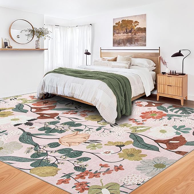 9x12 Area Rug for Living Room: Vintage Floral Washable Rug Soft Boho Non Slip Carpet Large Indoor Floor Non Shedding Low Pile Thin Carpets for Bedroom Dining Room Farmhouse Nursery Home Light Pink