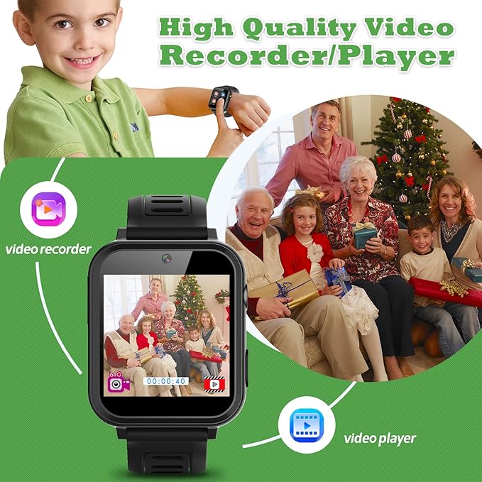 Smart Watch for Kids 4-12 Years Boys Girls,Smartwatch,Aluminum Case with Pink Sport Band,24 Games Camera Voice Music Video Player Recorder,Pedometer Flashlight, Birthday (Black)