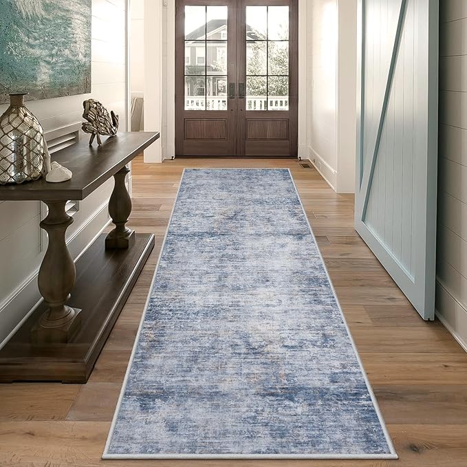 Runner Rug 2'6''x8' Kitchen Runner Rug: Modern Abstract Washable Area Rug with Non-Slip Backing, Thin Long Carpet Runner for Hallway, Bedroom, Laundry Room-Blue/Brown