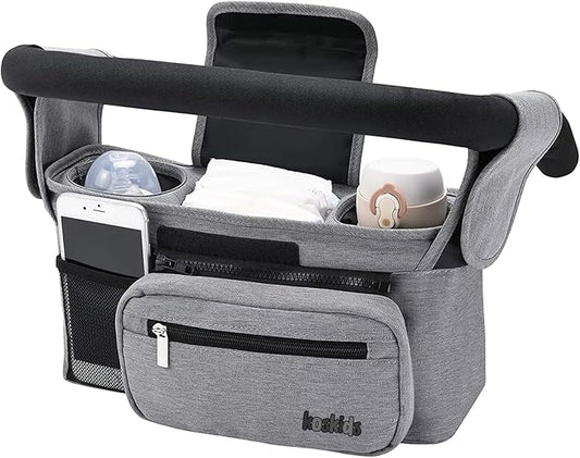 Universal Stroller Organizer with Insulated Cup Holder, Detachable Phone Bag, Shoulder Strap – Fits All Stroller Types, Keeps Drinks Hot/Cold (Grey)