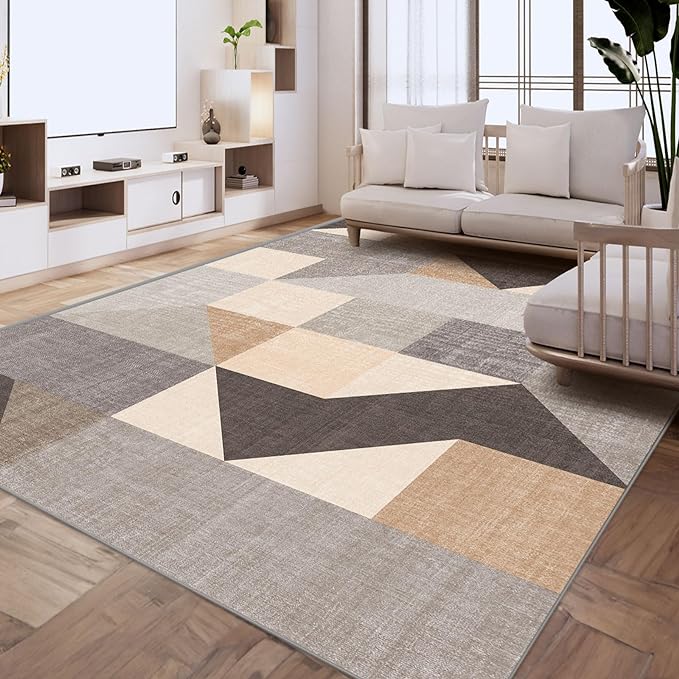 HOMFINE Washable Modern Area Rug - Geometric Style 6x9 Rugs for Living Room, Bedroom, Machine Washable Rug Soft Non Slip Non Shedding Area Rug - Grey Brown, 6'x9'