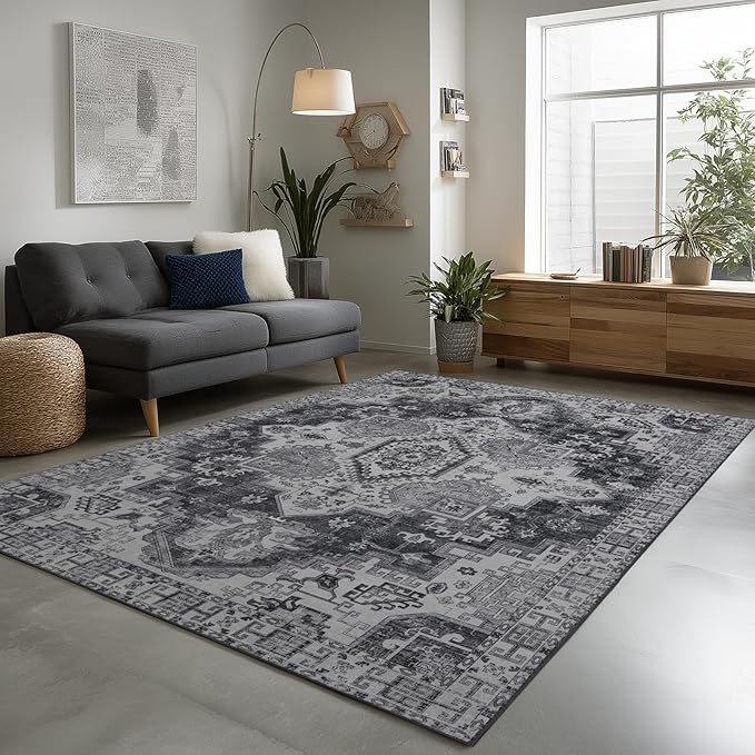 Washable Area Rugs 8x10, Large Rugs for Living Room, Carpet for Bedroom, Soft Faux Wool Retro Dining Room Rug, Non-Slip Backing Resistant Low Pile Vintage Print Rug for Home Office (Medium Gray)