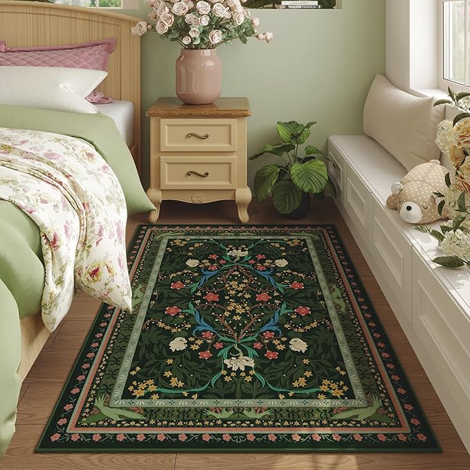 Area Rug 4x6 Rug Washable Vintage Floral Botanical Rugs Non Slip Low Pile Small Carpet for Bedroom, Bedside, Kids Room, Office, Dining Room, Green