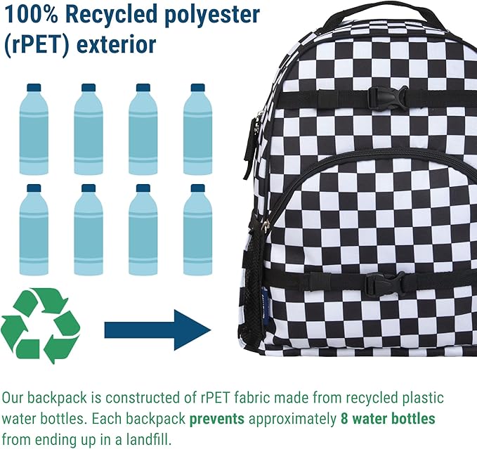 Wildkin ECO rPET 17-inch Large Backpack – Sustainable, Padded, Adjustable – Black and White Checkered