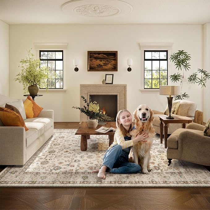 Washable Area Rugs for Living Room: 8x10 Bedroom Rug Boho Vintage Area Rug Stain Resistant Non Slip Low Pile Lightweight Soft Carpets for Dining Room Kitchen Nursery Kids Room Playroom Home Office