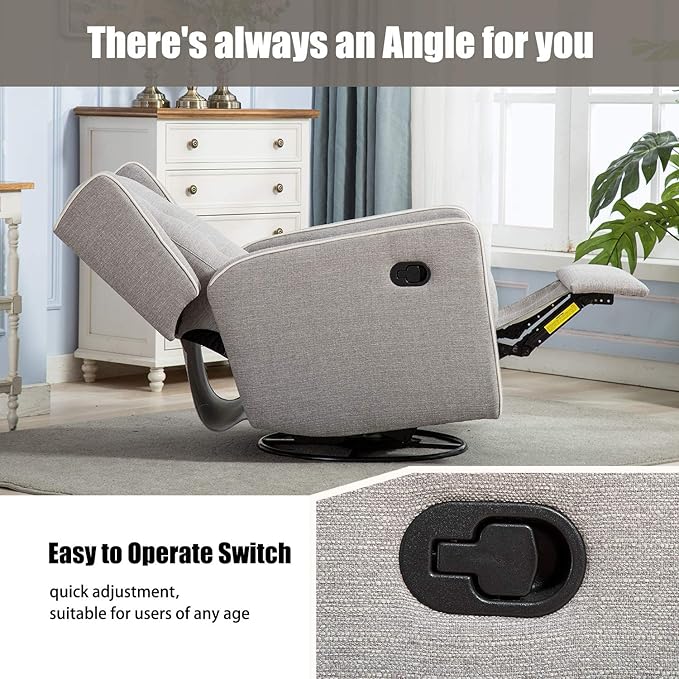 Swivel Rocker Recliner Chair Set of 2, Nursery Glider Chair, Nursery Rocking Chairs, Manual Reclining Chair, Grey