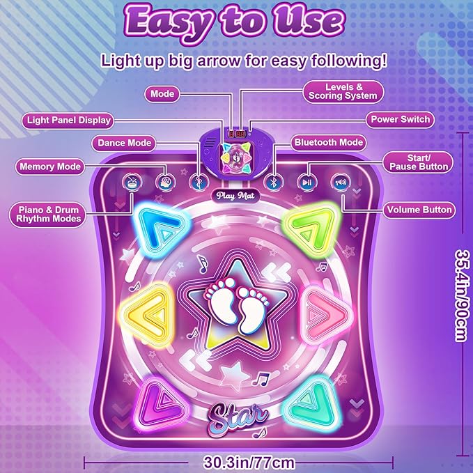 Dance Mat for Kids, Light-up 6-Button Dance Pad with Wireless Bluetooth & 5 Game Modes, Toddler Electronic Dance Mats Musical Dancing Toys Christmas Birthday Gifts for Boys Girl Aged 3 4 5 6 7 8 9 10+