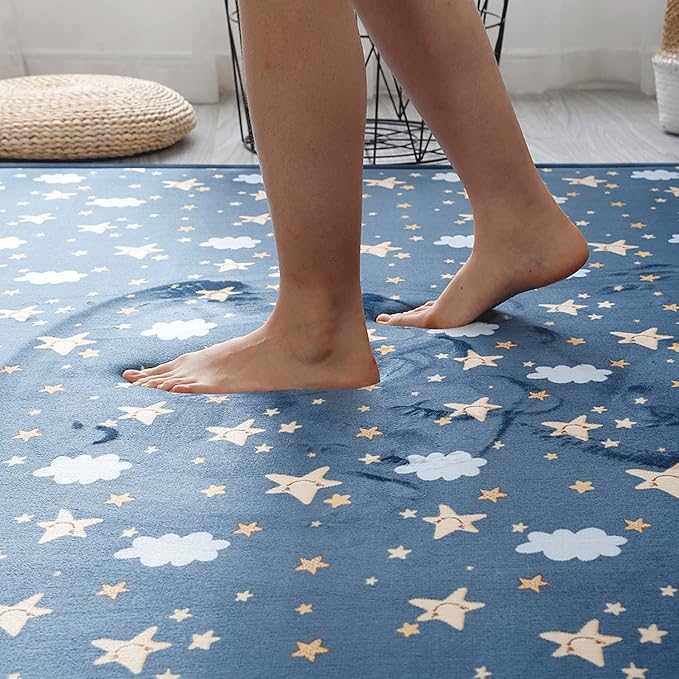 Loartee Coral Velvet Area Rug - 1" Thick Memory Foam Baby Play Mat, Washable Toddler Carpet, Home Decor for Living Room, Nursery, Kids Bedroom, Starry Blue, 6'7"x6'7"