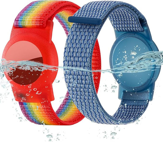 Waterproof Air Tag Bracelet for Kids (2 Pack), Soft Nylon Hidden Air Tag Wristband Full Cover Lightweight GPS Tracker Holder Compatible with Apple AirTag Band for Toddler Child (Deep Rainbow/Blue)
