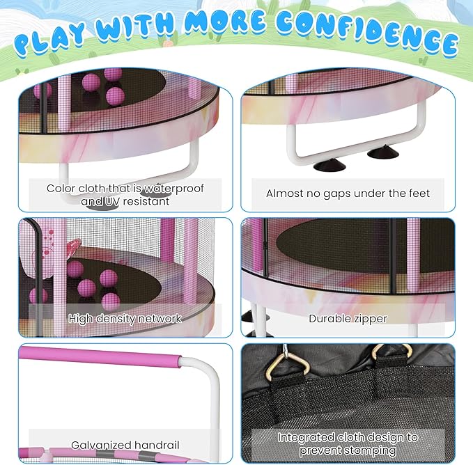 LAMERGE 55" 7-in-1 Round Trampoline for Kids Boys & Girls Ages 1-8, Indoor & Outdoor Trampoline for Fun, Adjustable Height Handrail ＆ Enclosed Safety Net ＆ Durable Designs for Toddlers Children