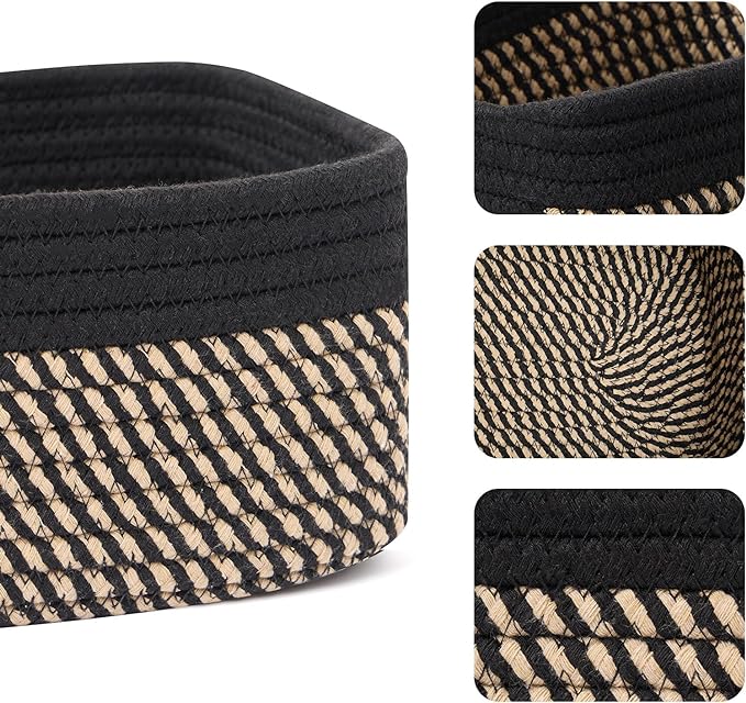 Small Storage Baskets for Organizing | Closet Organizer Bins | Shelf Toy Basket | Woven Rope Baskets | Cube Decorative Box | Shallow Basket | 11.5x7.5x4.7” | 4 Packs Black Brown