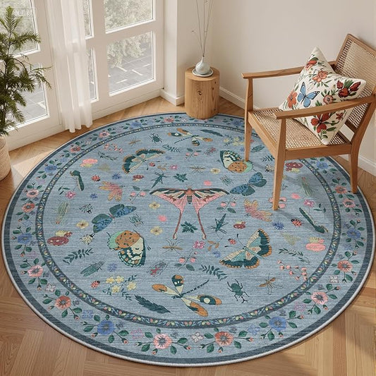 4ft Washable Round Rug - Bug Rugs for Living Room Non-Slip Low Pile Soft Ultra-Thin Machine Washable Circle Carpet for Bedroom, Entryway, Nursery, Kitchen, Home Office (4' Round Blue)