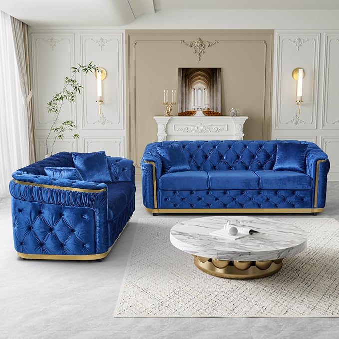 DAMAIFROM Luxury Velvet Couch Set Blue and Gold Sofa, Mid Century Modern - Image 7