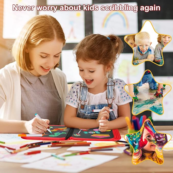 Erasable Doodle Set for Kids - Magic Drawing Book With 12 Watercolor Pens, 14 Page Reusable Drawing, Road Trip Car Game Writing Painting Set for Boys and Girls (Red)