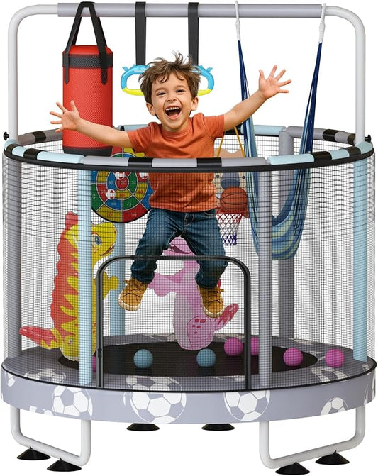 LAMERGE 55" 7-in-1 Round Trampoline for Kids Boys & Girls Ages 1-8, Indoor & Outdoor Trampoline for Fun, Adjustable Height Handrail ＆ Enclosed Safety Net ＆ Durable Designs for Toddlers Children