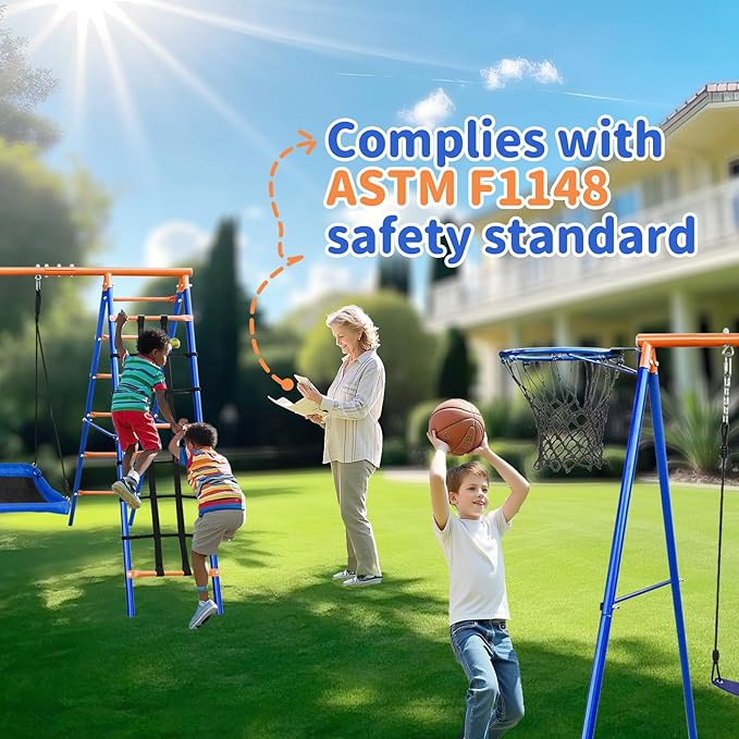 5-in-1 Heavy-Duty Metal Swing Set for Backyard - 500lb Capacity Outdoor Playset with Basketball Hoop & Climbing Rope