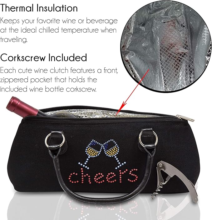 Wine Clutch Bag (Thermal Insulated) Trendy Women’s Carry Tote | Holds Red & White 750mL Bottles | Trendy Fashion | Incl. Portable Waiter-Style Corkscrew (Cheers)