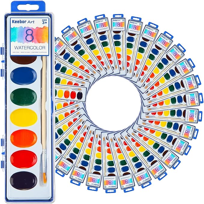 8-Color Watercolor Paint Set for Kids, 36 Pack Washable Watercolors Bulk for Party Favors, Gifts, Classroom Supplies (Wooden Paintbrushes Included)