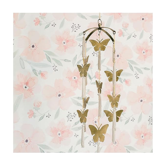 Crane Baby Handcrafted Brass Ceiling Hanging Mobile for Nursery, Butterfly Nursery Decor for Girl, 6"x 6" x 36", Baby Girl Nursery Decor, Butterfly Mobile
