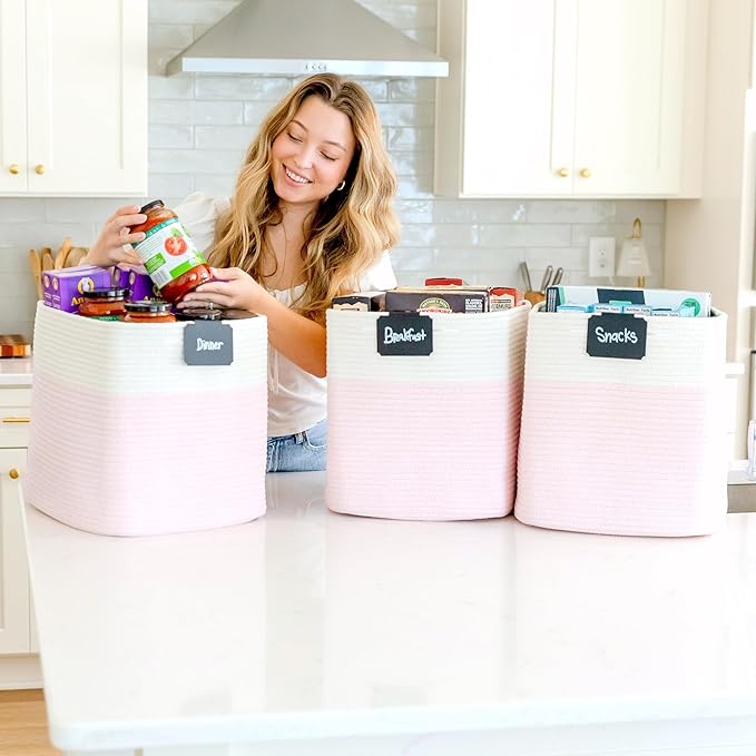 NaturalCozy 13x15x13 Kallax Storage Cubes, 3 Pack | Cotton Rope Cube Storage Bins Woven Baskets for Organizing | Kallax Insert Baskets for Shelves Organizer, Kids Toy, Pantry, Closet, Baby Nursery