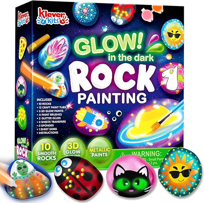 Rock Painting Kit- Glow in The Dark Rock Kit, Arts and Crafts for Kids Ages 6-12, Art Supplies Toy, Kids Craft Paint Kits, Arts & Crafts for Boys Girls Birthday Party Gift Toy