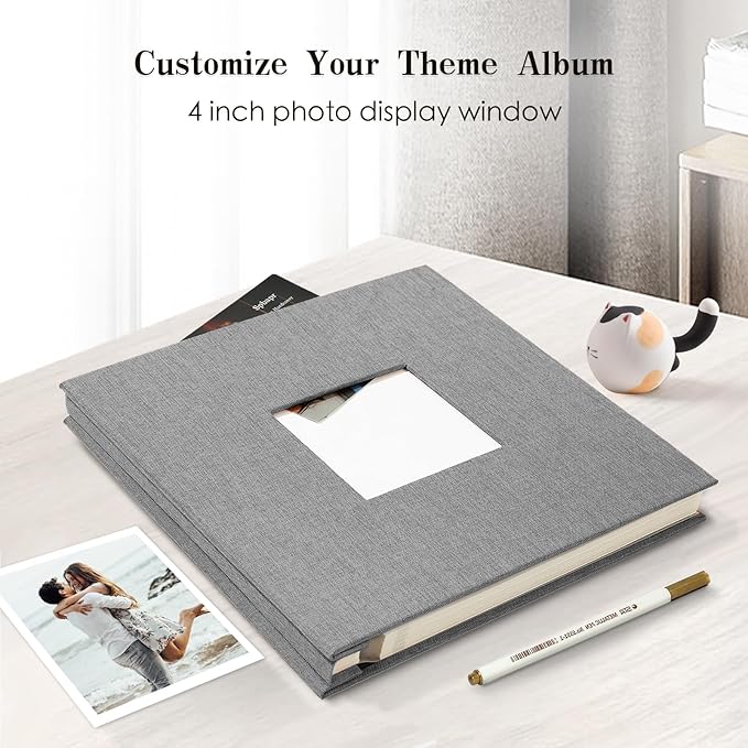 Spbapr Large Photo Album Self Adhesive 60 Pages Linen cover DIY Magnetic Scrapbook album with A Metal Pen Hold 4x6 5x7 6x8 8x10 10x12 Pictures Grey