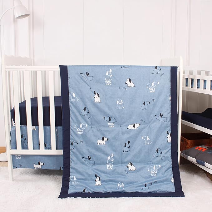 CaSaJa Baby 3-Piece Crib Bedding Set for Boys Girls, Including Soft Quilted Comforter(Blanket), Fitted Crib Sheet and Skirt, Soft Nursery Bedding Set Made of Silky Comfy Materials, Good Luck Puppy