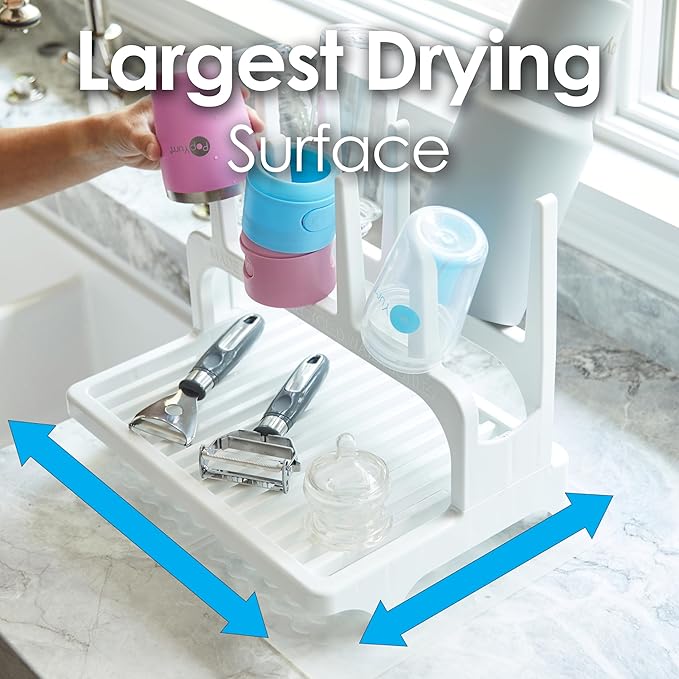 PopYum Glacier White Space Saving Drying Rack from 100% Recycled Bottles with Clear Frosted Silicone Drying Mat, countertop for Baby Bottles, Plastic Bags, Cups, Glass, tumblers, Compact