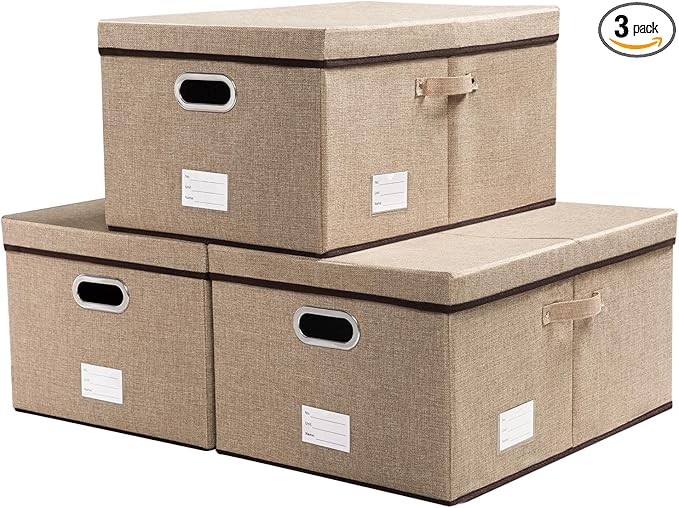 PRANDOM Storage Bins with Lids [3-Pack] Jute Fabric Foldable Storage Boxes Organizer Containers Baskets Cube with Cover for Home Bedroom Closet Office Nursery khaki（23.4X15.9X11.5