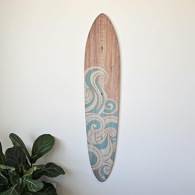 Wooden Surfboard Wall Decor Growth Chart - Surf Board Decor for Kids Room, Wooden Growth Chart for Wall, Surfboard Wall Art, Surfboards for Decoration - Teal Wave (9.5"x 45")