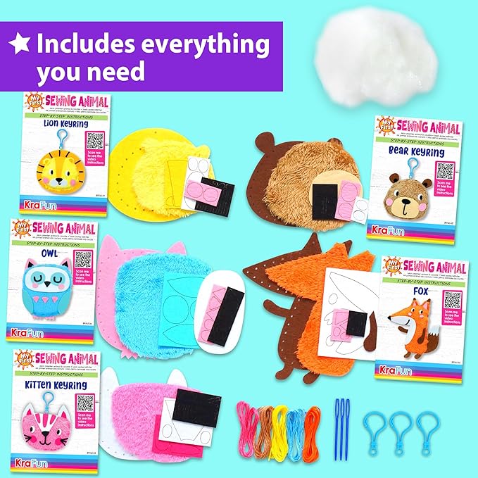KRAFUN My First Sewing Animal for Kids, Beginner Art & Craft, 5 Easy Activities Stuffed Animal Dolls, Keyring Charms, Instructions & Felt Materials for Learn to Sew, Embroidery