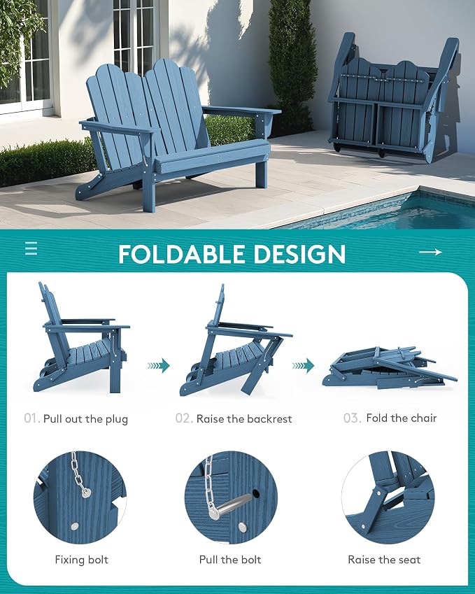 SERWALL 3 Pieces Patio Adirondack Bench Set, 2 Folding Adirondack Bench and 1 - Image 4