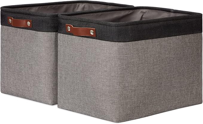 DULLEMELO Storage Bins 16"x12"x12" With Leather Handles for Organizing,Decorative Collapsible Storage Baskets for Shelves Closet Home Office (Black&Grey)