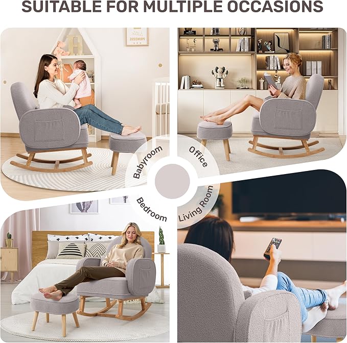Nursery Rocking Chair with Ottoman, Upholstered Glider Rocker with High Backrest and Side Pocket, Rocking Accent Armchair with Solid Wood Legs for Nursery, Living Room, Bedroom Light Grey