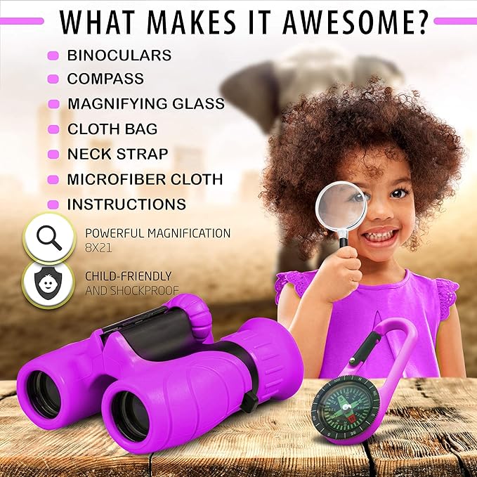 Promora Binoculars for Kids, Set with Magnifying Glass & Compass Purple - Perfect Toy for Little Boys and Girls, Kids Binoculars for 3-12 Years Boys and Girls Present for Toddler
