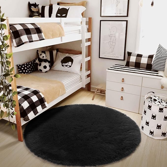 Black Round Rug 4Ft for Bedroom, Fluffy Circle Area Rugs for Living Room Decor - Image 7