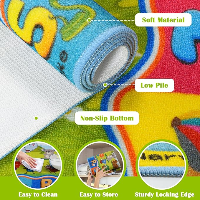 STARUIA ABC Rug for Kids Playroom, Classroom Floor Play Mat for Kids, Preschool Educational Rug for Learning Alphabet Animals Numbers Months, ABC Carpet Play Rug for Nursery Kid Room Decor (63"x78")