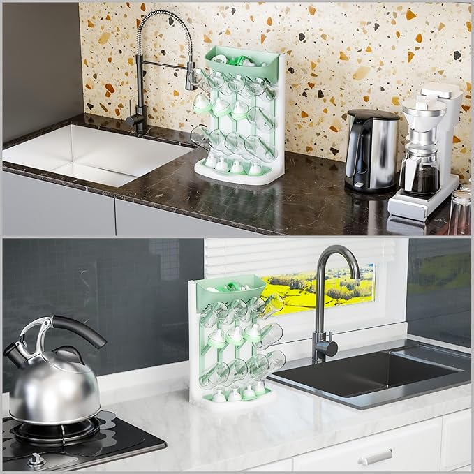 Yieach Larger Vertical Baby Bottle Drying Rack - BPA FREE - Space Saving Feeding Bottles Drying Rack Holder for Countertop,Baby Bottle Holder Storage Station for Pacifiers,Pump Accessories Stand,Green